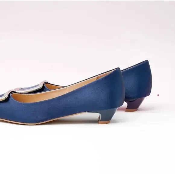 Metal Buckle Satin Low Heel (Lucia) C.Paravano Blue size women's 8 - Picture 3 of 14